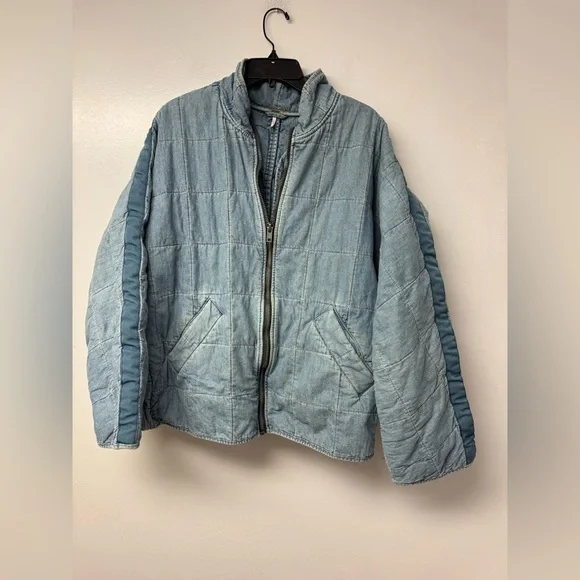 Free People Dolman Quilted Denim Jacket Medium Chambray Boho Zip Jacket - Picture 6 of 14
